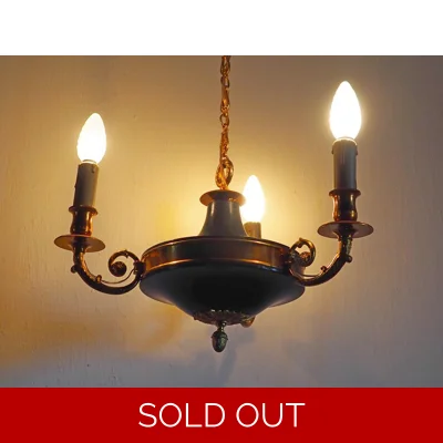 Vintage French Empire Chandelier – 3-Arm Brass Dark Green Tole Pendant Light
